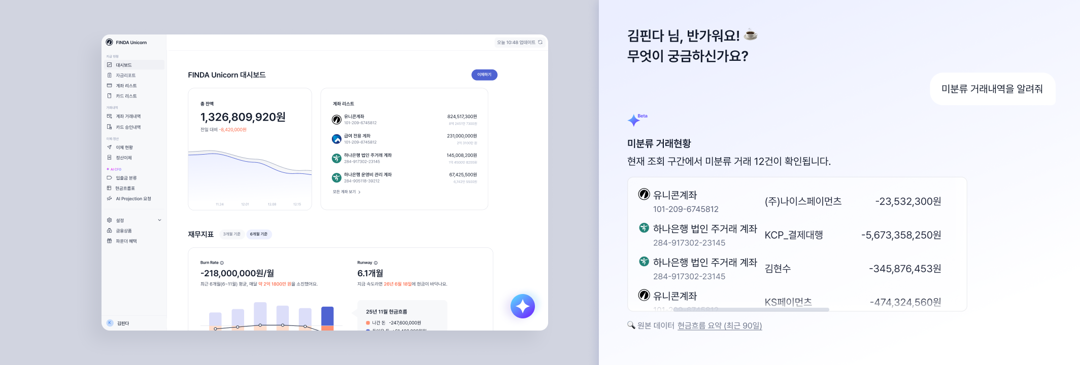 AI CFO 대화 화면 - 자연어로 재무 데이터를 질문하고 답변받는 모습
